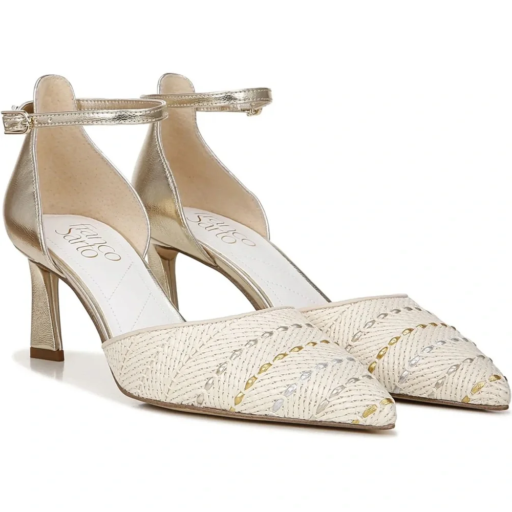 NEW Franco Sarto Taros Metallic Ankle Strap Pump SZ-9.5 White Tan